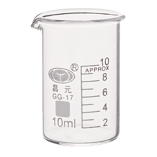 Clear glass graduated beaker on a white background.