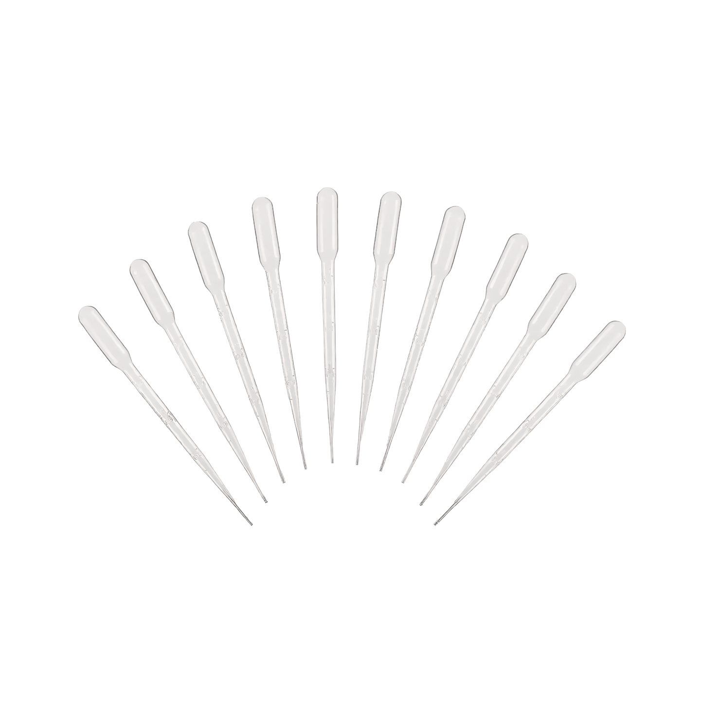 Set of clear plastic pipettes on a white background