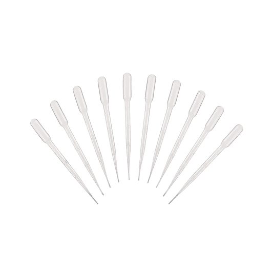 Set of clear plastic pipettes on a white background