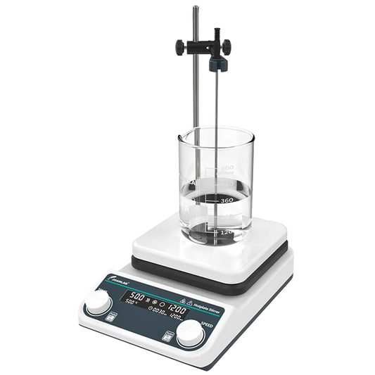 Laboratory stirring hotplate with digital display on a white background.